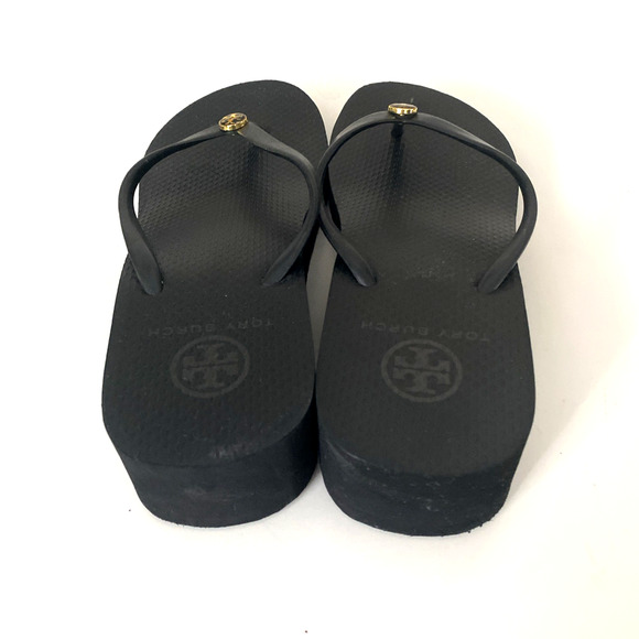 Tory Burch Wedge Flip Flop Sandal Black Thong Toe Gold Logo Slip On Platform 7.5 - Picture 7 of 12